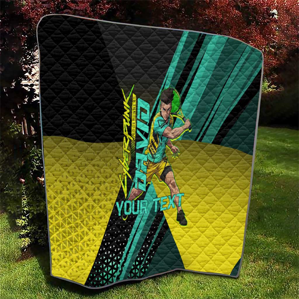 Personalized David Tennis Design Quilt with a Cyberpunk Theme, Edgerunners Features Neon Green and Yellow Styling and a Powerful Pose