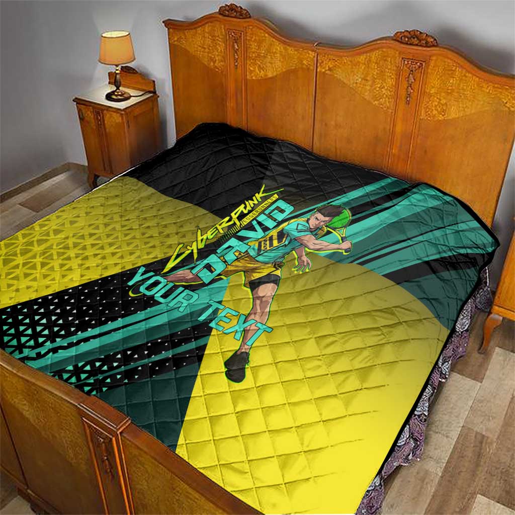 Personalized David Tennis Design Quilt with a Cyberpunk Theme, Edgerunners Features Neon Green and Yellow Styling and a Powerful Pose