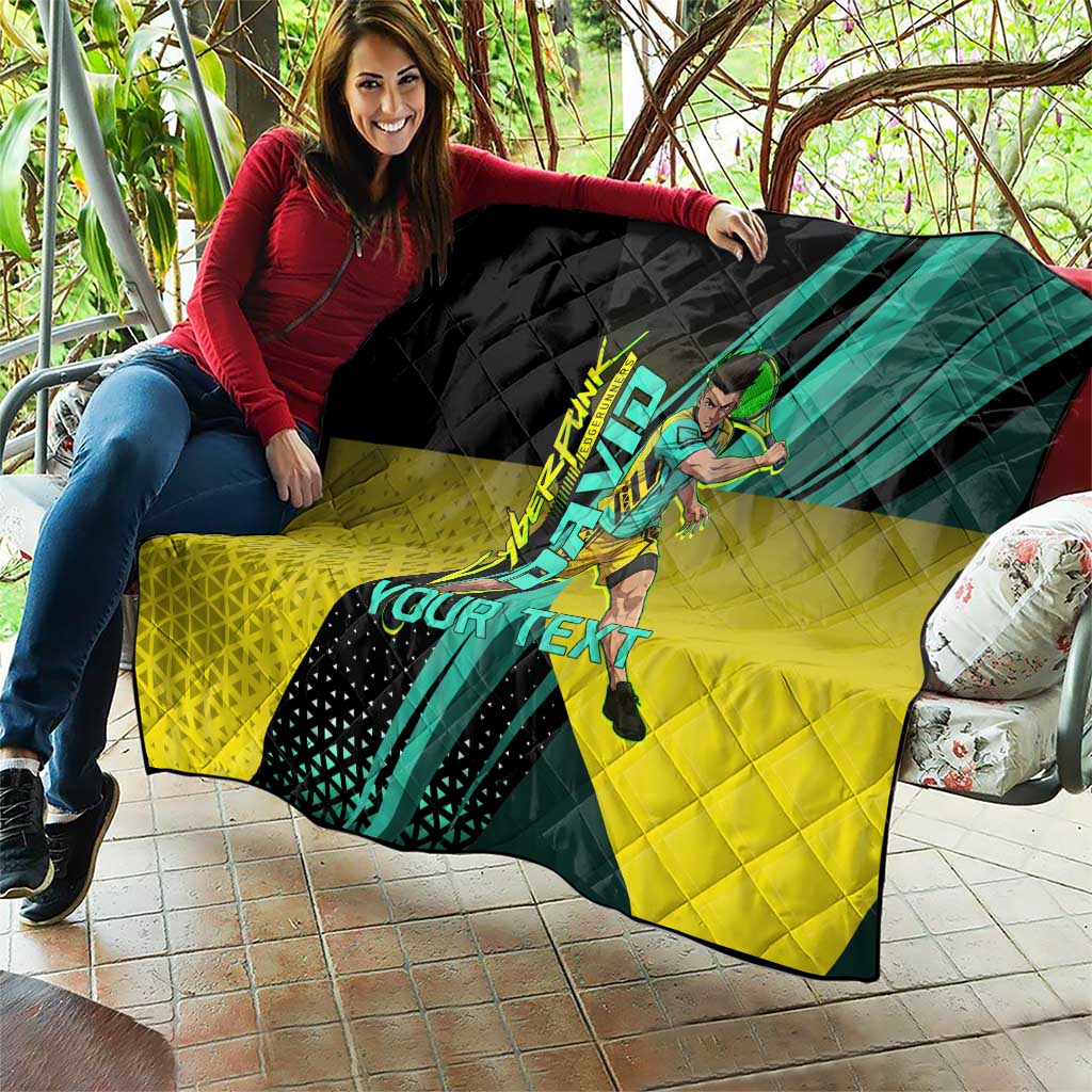 Personalized David Tennis Design Quilt with a Cyberpunk Theme, Edgerunners Features Neon Green and Yellow Styling and a Powerful Pose