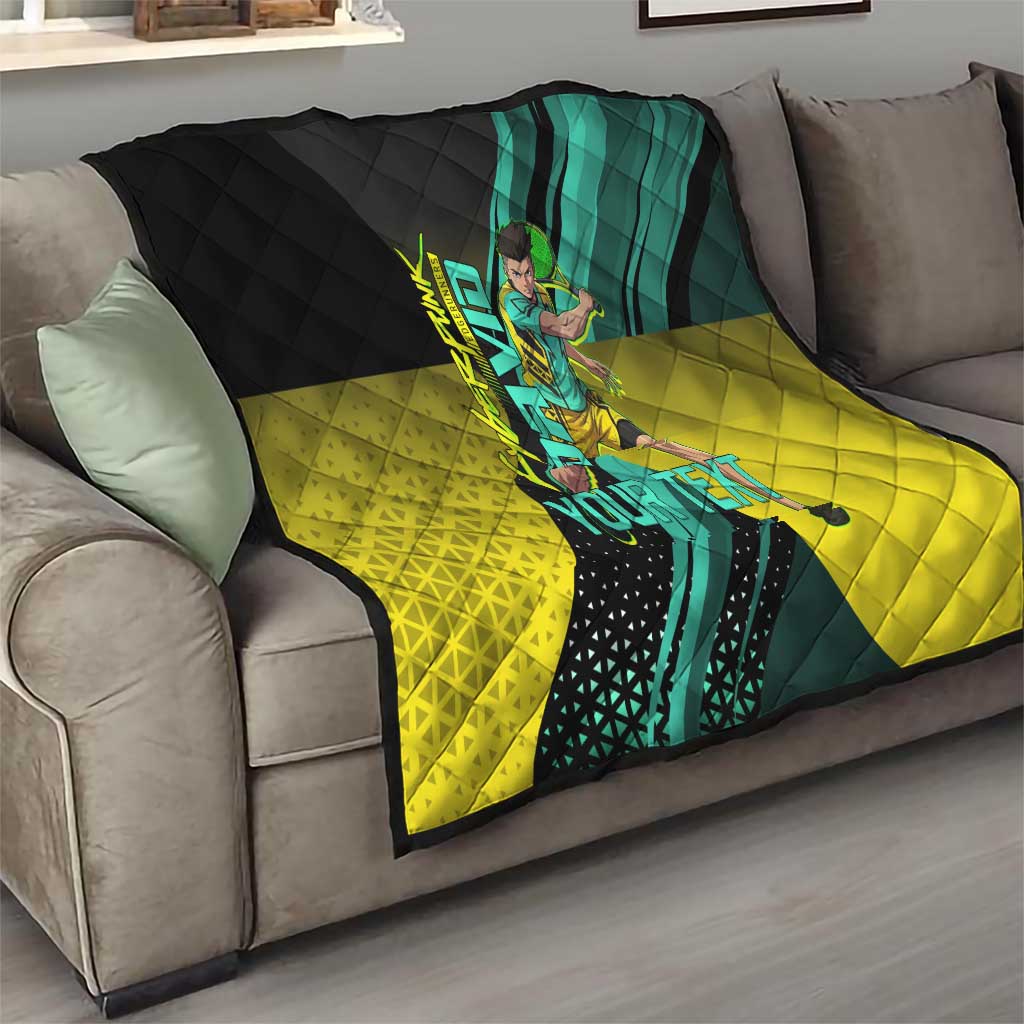 Personalized David Tennis Design Quilt with a Cyberpunk Theme, Edgerunners Features Neon Green and Yellow Styling and a Powerful Pose