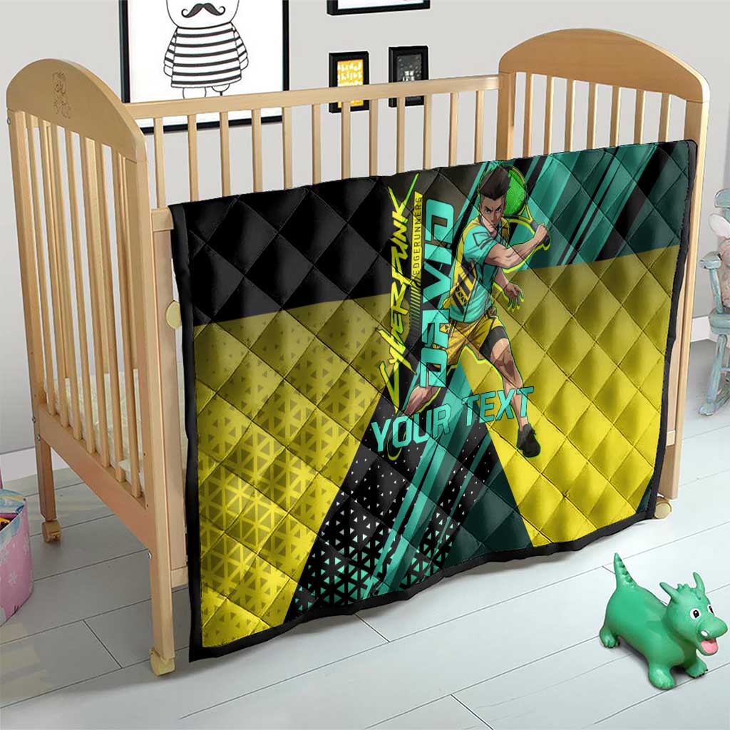 Personalized David Tennis Design Quilt with a Cyberpunk Theme, Edgerunners Features Neon Green and Yellow Styling and a Powerful Pose