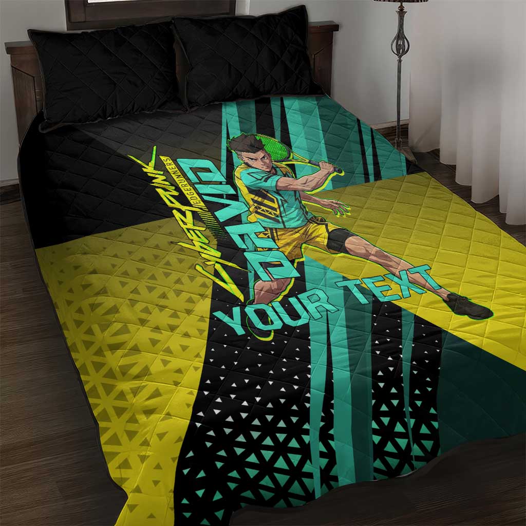Personalized David Tennis Design Quilt Bed Set with a Cyberpunk Theme, Edgerunners Features Neon Green and Yellow Styling and a Powerful Pose