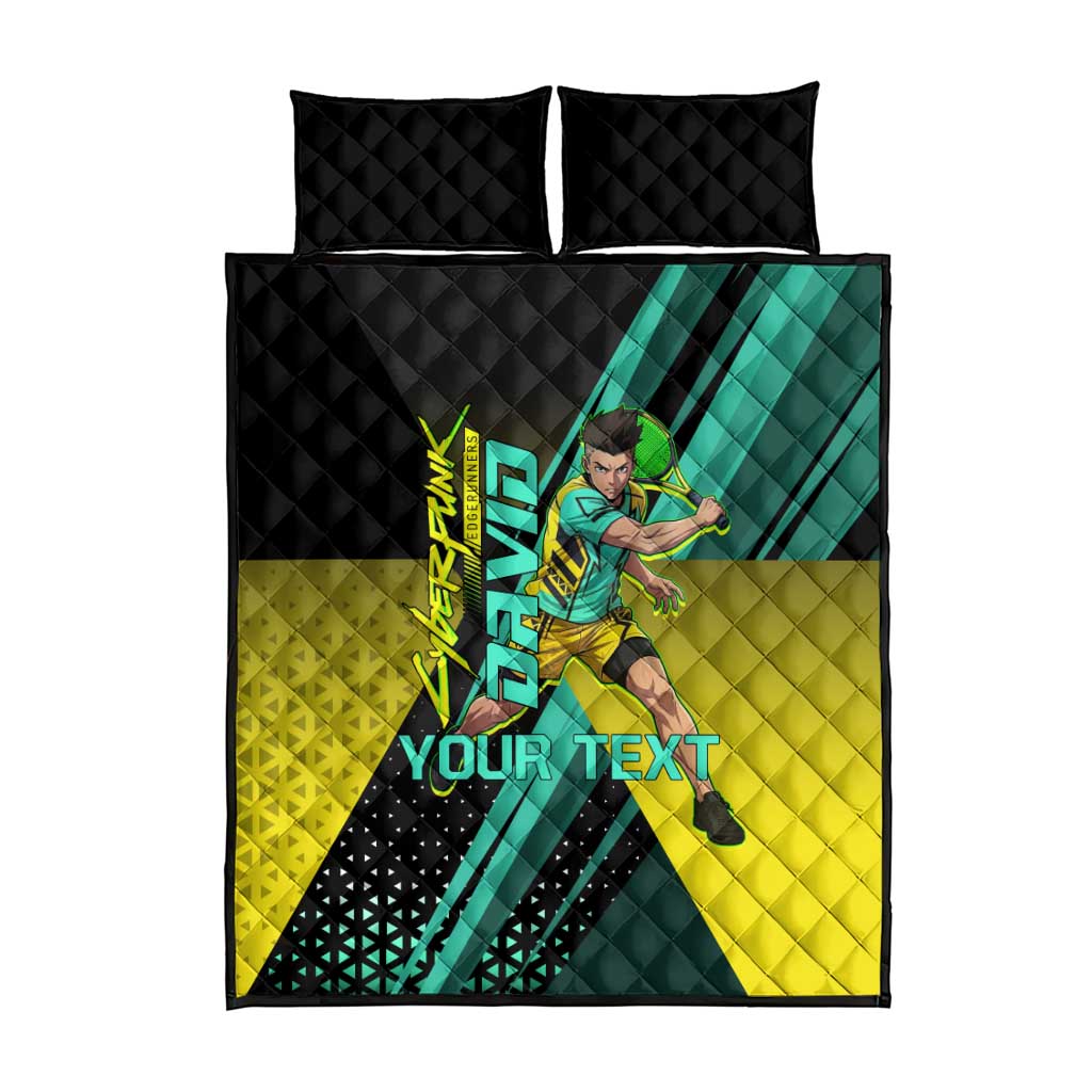 Personalized David Tennis Design Quilt Bed Set with a Cyberpunk Theme, Edgerunners Features Neon Green and Yellow Styling and a Powerful Pose
