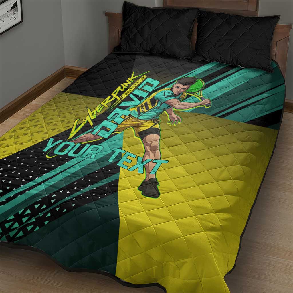 Personalized David Tennis Design Quilt Bed Set with a Cyberpunk Theme, Edgerunners Features Neon Green and Yellow Styling and a Powerful Pose