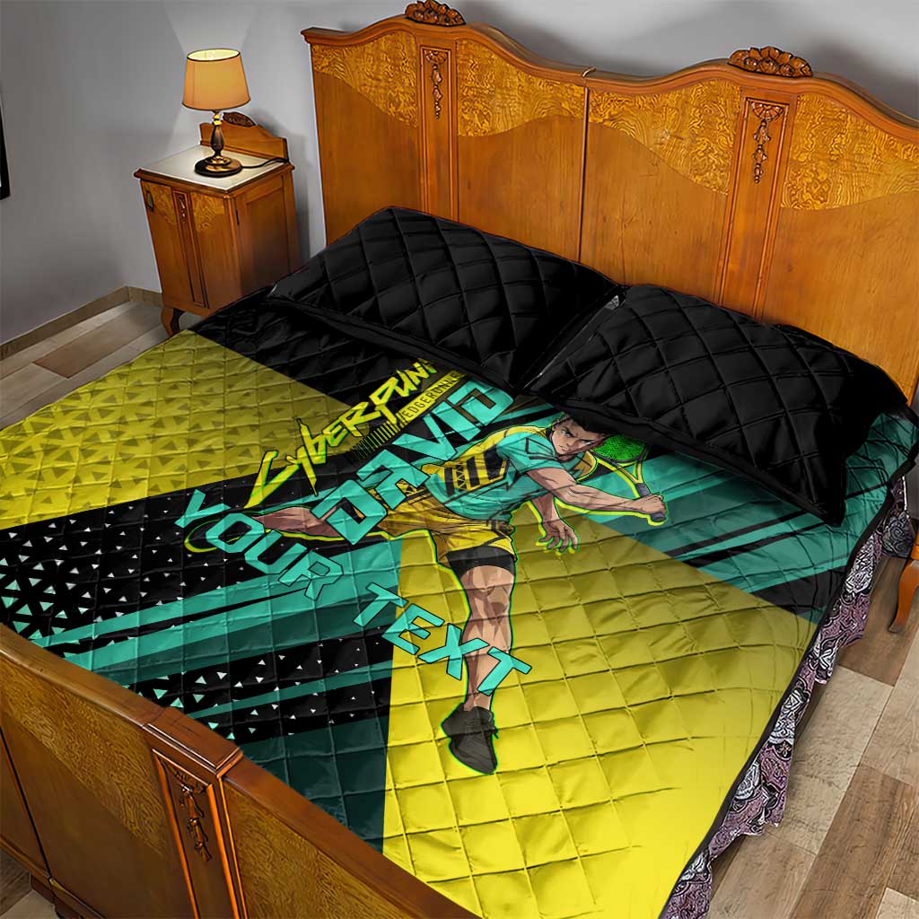 Personalized David Tennis Design Quilt Bed Set with a Cyberpunk Theme, Edgerunners Features Neon Green and Yellow Styling and a Powerful Pose