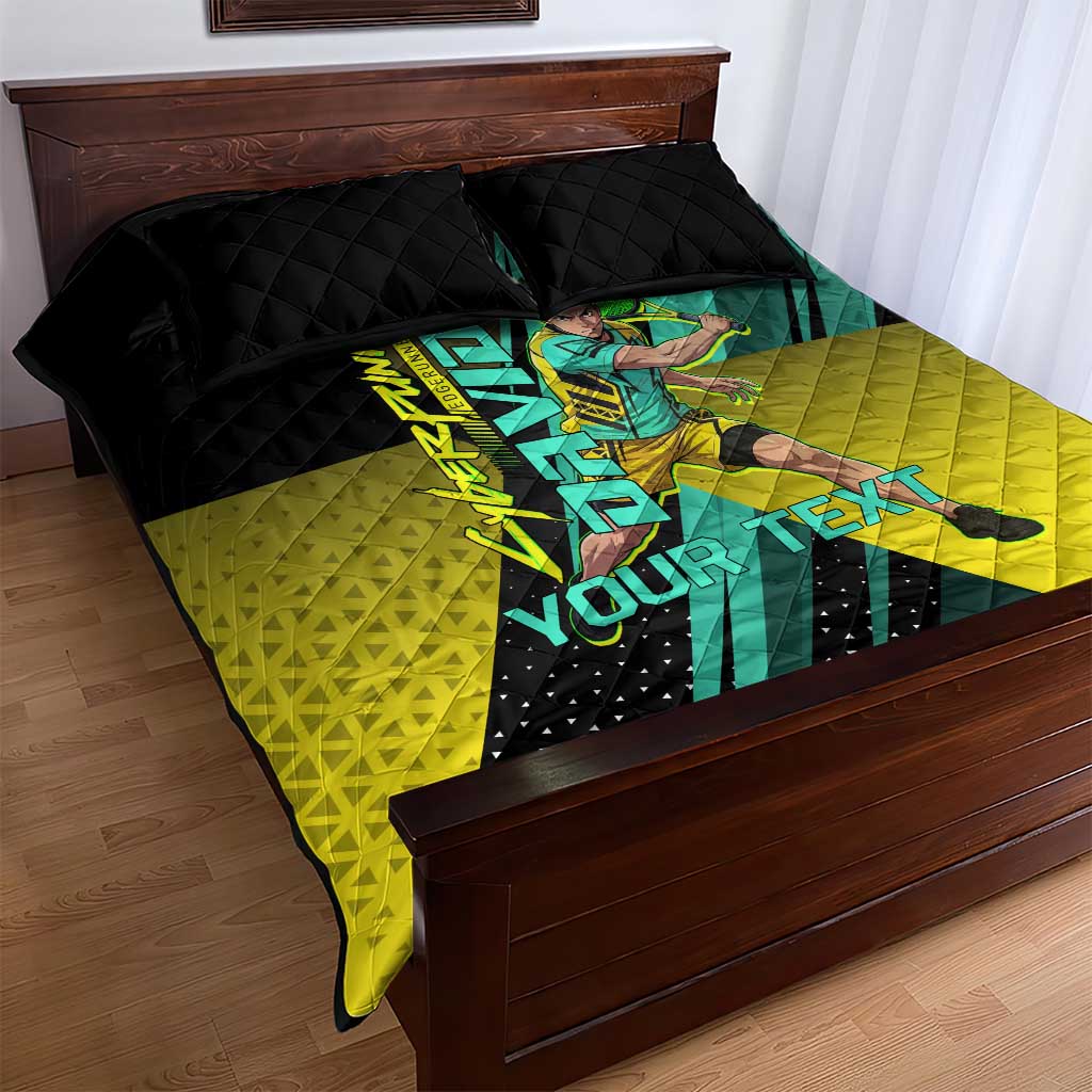 Personalized David Tennis Design Quilt Bed Set with a Cyberpunk Theme, Edgerunners Features Neon Green and Yellow Styling and a Powerful Pose