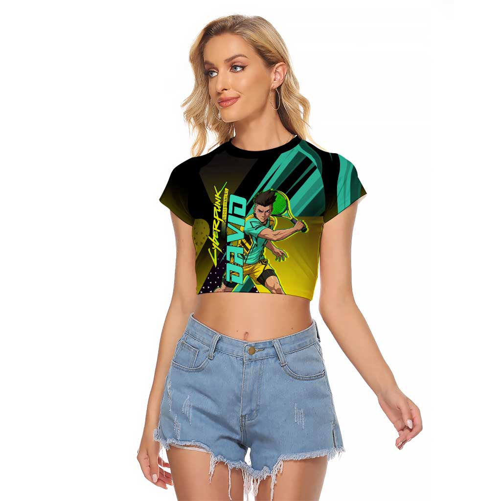 Personalized David Tennis Design Raglan Cropped T Shirt with a Cyberpunk Theme, Edgerunners Features Neon Green and Yellow Styling and a Powerful Pose