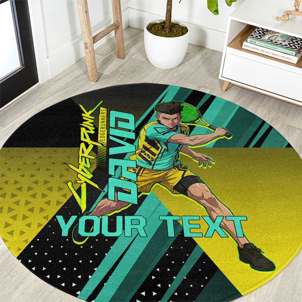 Personalized David Tennis Design Round Carpet with a Cyberpunk Theme, Edgerunners Features Neon Green and Yellow Styling and a Powerful Pose