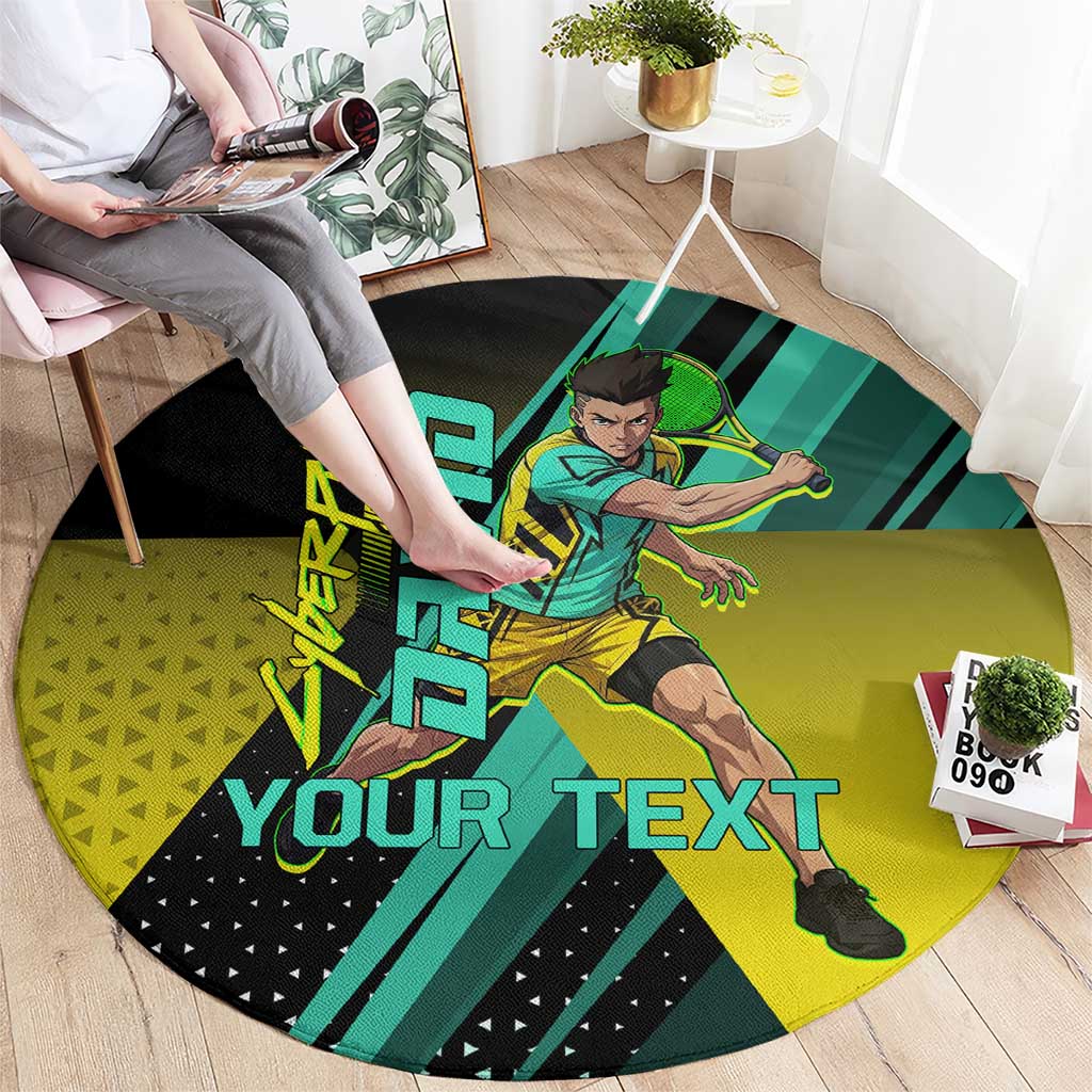 Personalized David Tennis Design Round Carpet with a Cyberpunk Theme, Edgerunners Features Neon Green and Yellow Styling and a Powerful Pose