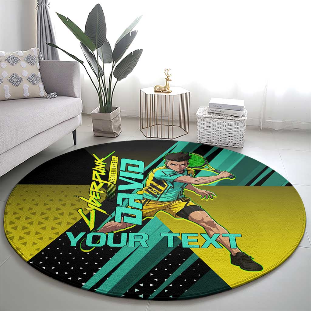 Personalized David Tennis Design Round Carpet with a Cyberpunk Theme, Edgerunners Features Neon Green and Yellow Styling and a Powerful Pose