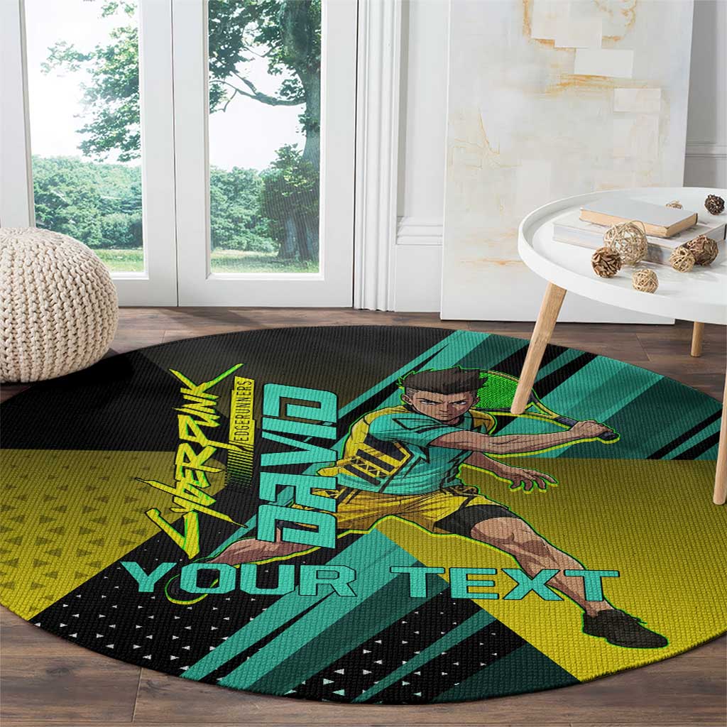 Personalized David Tennis Design Round Carpet with a Cyberpunk Theme, Edgerunners Features Neon Green and Yellow Styling and a Powerful Pose