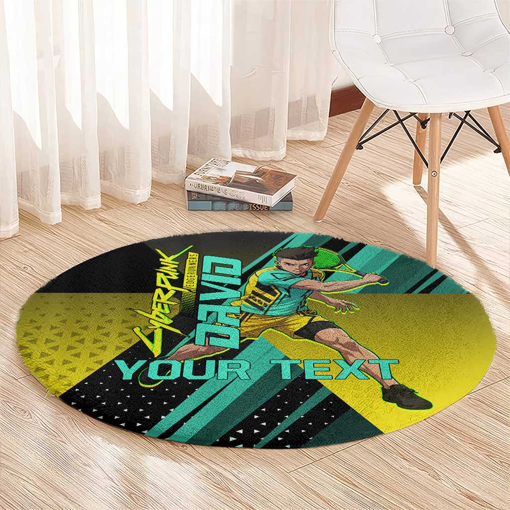 Personalized David Tennis Design Round Carpet with a Cyberpunk Theme, Edgerunners Features Neon Green and Yellow Styling and a Powerful Pose