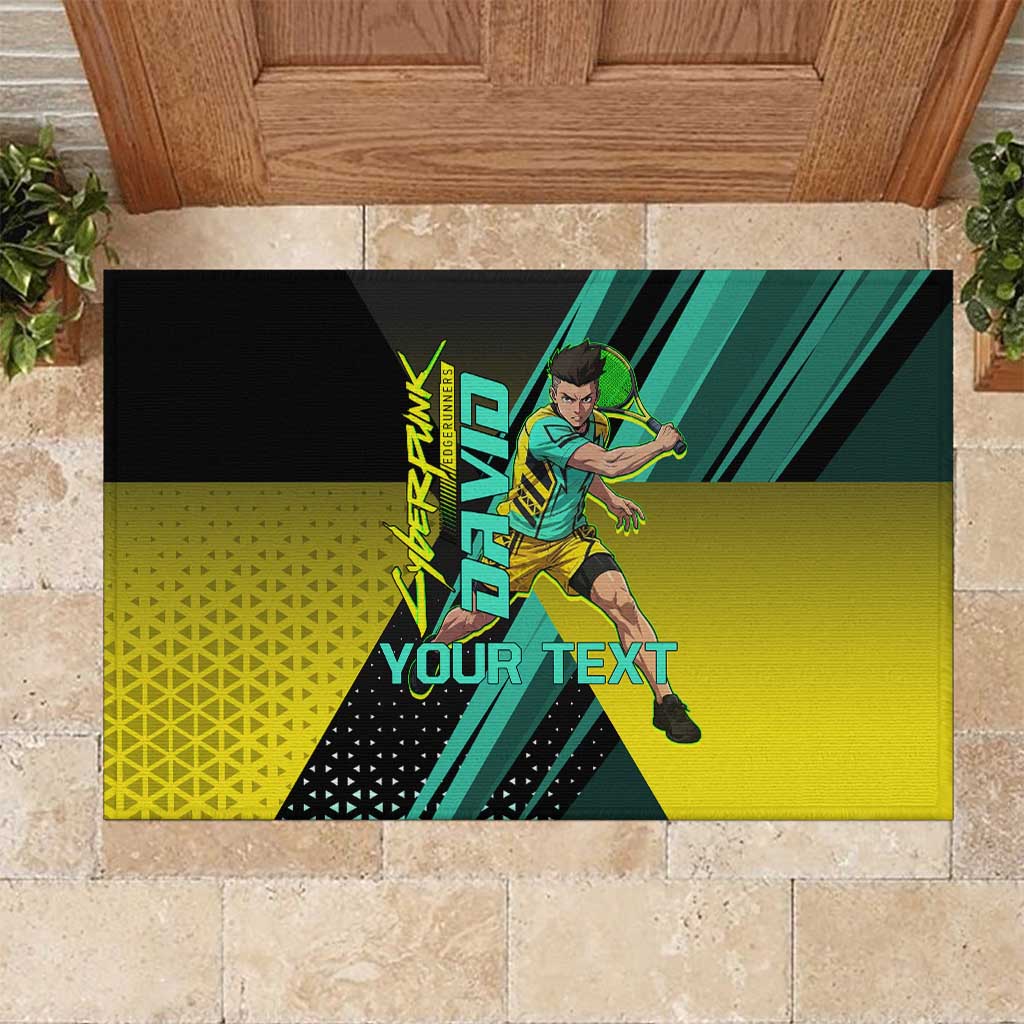 Personalized David Tennis Design Rubber Doormat with a Cyberpunk Theme, Edgerunners Features Neon Green and Yellow Styling and a Powerful Pose