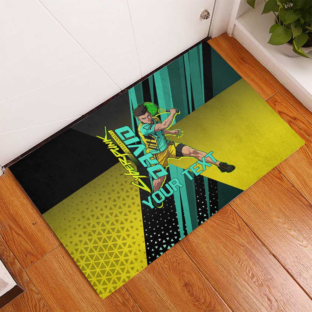 Personalized David Tennis Design Rubber Doormat with a Cyberpunk Theme, Edgerunners Features Neon Green and Yellow Styling and a Powerful Pose
