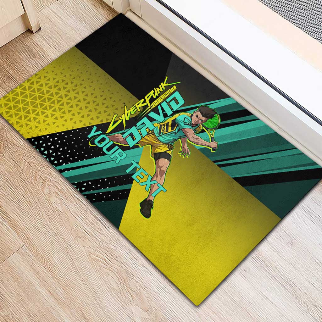 Personalized David Tennis Design Rubber Doormat with a Cyberpunk Theme, Edgerunners Features Neon Green and Yellow Styling and a Powerful Pose
