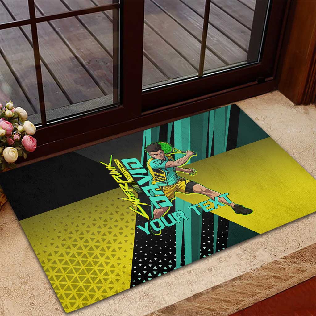 Personalized David Tennis Design Rubber Doormat with a Cyberpunk Theme, Edgerunners Features Neon Green and Yellow Styling and a Powerful Pose