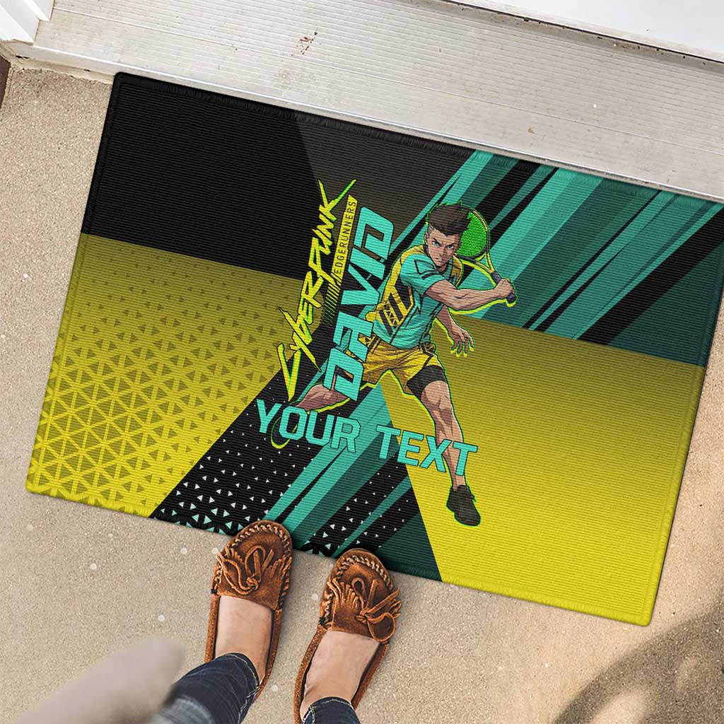 Personalized David Tennis Design Rubber Doormat with a Cyberpunk Theme, Edgerunners Features Neon Green and Yellow Styling and a Powerful Pose