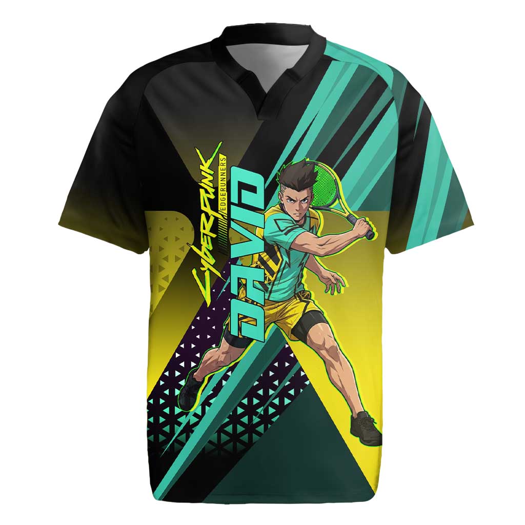Personalized David Tennis Design Rugby Jersey with a Cyberpunk Theme, Edgerunners Features Neon Green and Yellow Styling and a Powerful Pose