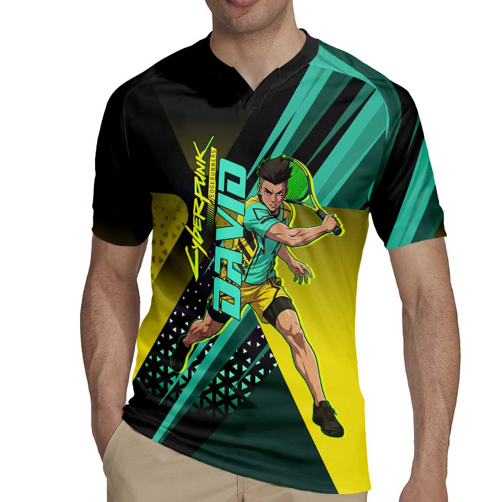 Personalized David Tennis Design Rugby Jersey with a Cyberpunk Theme, Edgerunners Features Neon Green and Yellow Styling and a Powerful Pose
