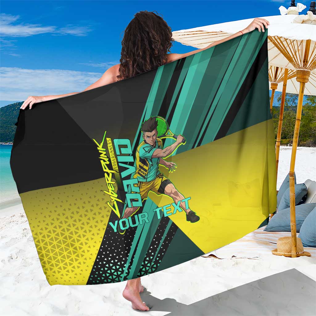 Personalized David Tennis Design Sarong with a Cyberpunk Theme, Edgerunners Features Neon Green and Yellow Styling and a Powerful Pose