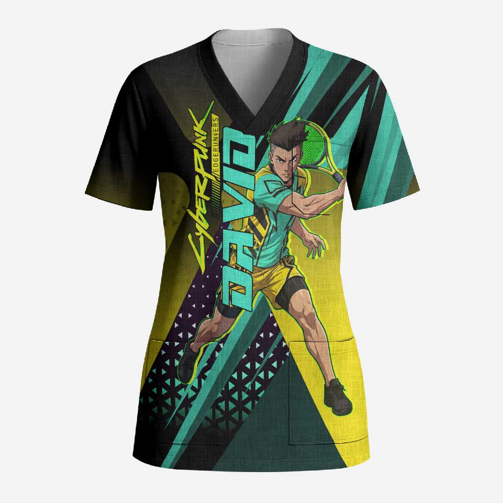 Personalized David Tennis Design Scrub Top with a Cyberpunk Theme, Edgerunners Features Neon Green and Yellow Styling and a Powerful Pose