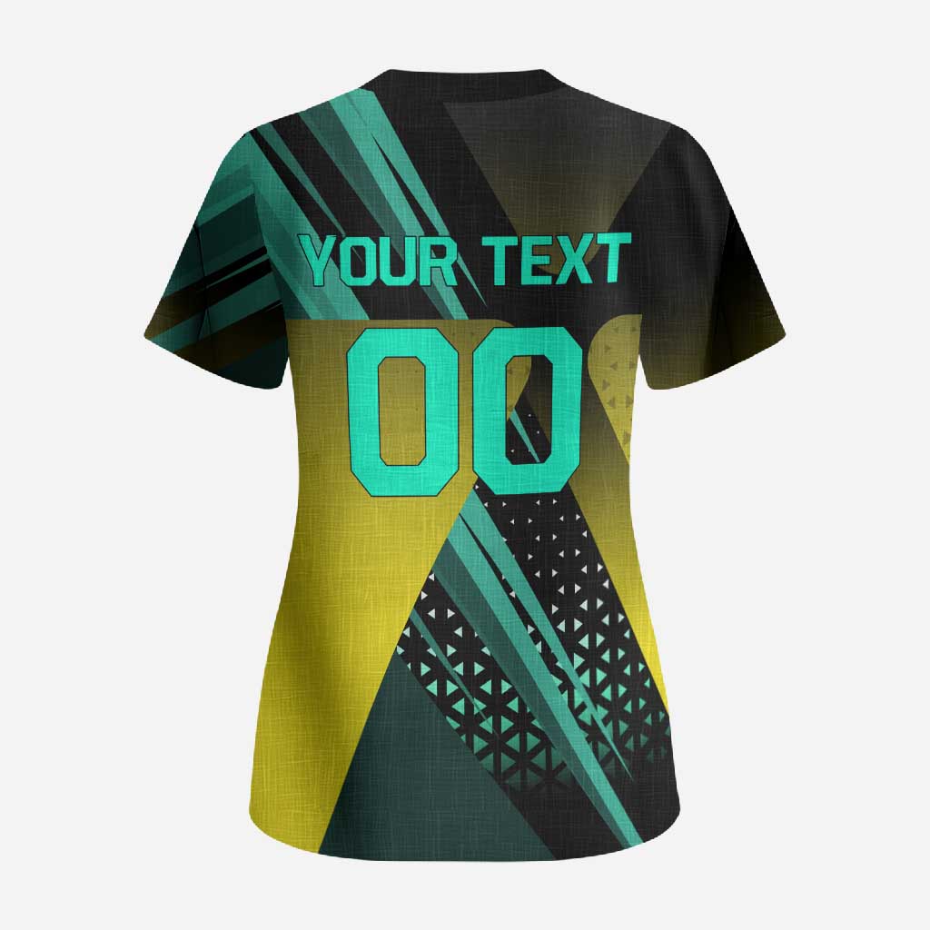 Personalized David Tennis Design Scrub Top with a Cyberpunk Theme, Edgerunners Features Neon Green and Yellow Styling and a Powerful Pose