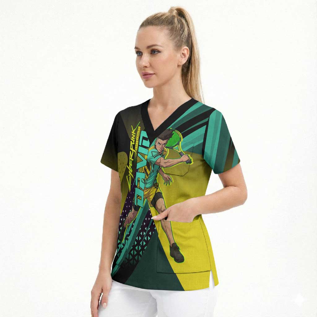 Personalized David Tennis Design Scrub Top with a Cyberpunk Theme, Edgerunners Features Neon Green and Yellow Styling and a Powerful Pose