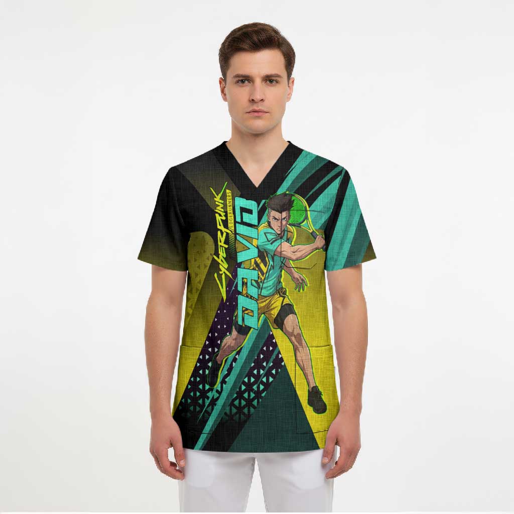 Personalized David Tennis Design Scrub Top with a Cyberpunk Theme, Edgerunners Features Neon Green and Yellow Styling and a Powerful Pose