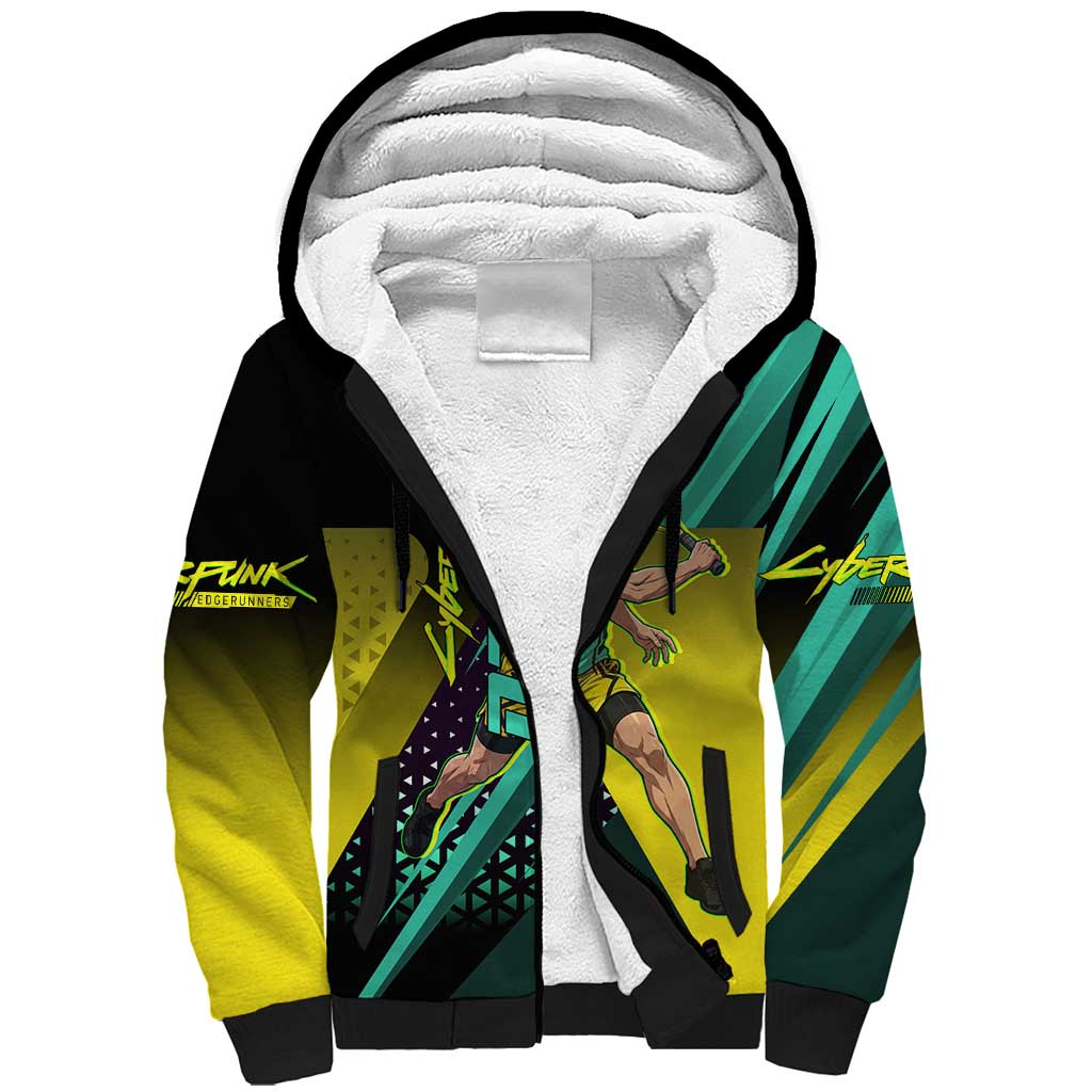 Personalized David Tennis Design Sherpa Hoodie with a Cyberpunk Theme, Edgerunners Features Neon Green and Yellow Styling and a Powerful Pose