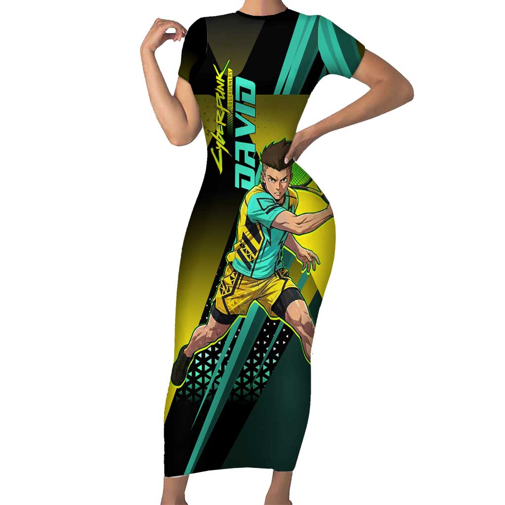 Personalized David Tennis Design Short Sleeve Bodycon Dress with a Cyberpunk Theme, Edgerunners Features Neon Green and Yellow Styling and a Powerful Pose