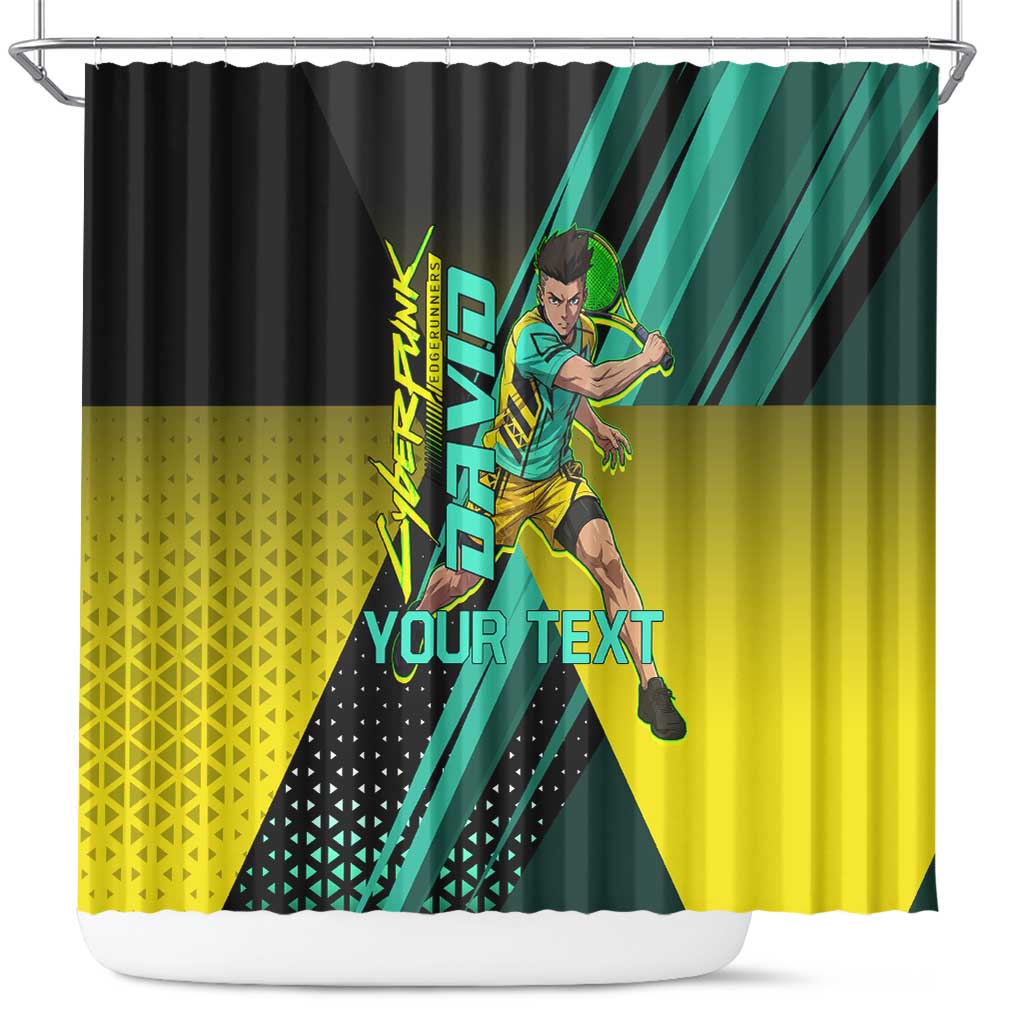 Personalized David Tennis Design Shower Curtain with a Cyberpunk Theme, Edgerunners Features Neon Green and Yellow Styling and a Powerful Pose
