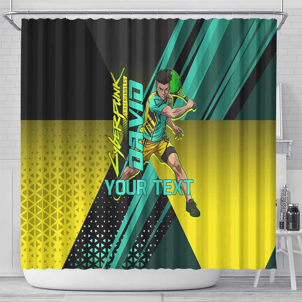 Personalized David Tennis Design Shower Curtain with a Cyberpunk Theme, Edgerunners Features Neon Green and Yellow Styling and a Powerful Pose