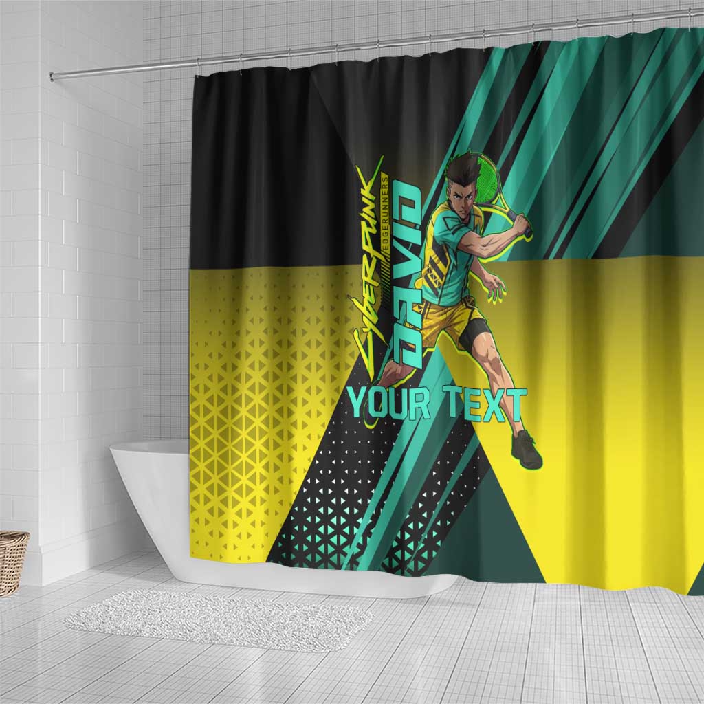 Personalized David Tennis Design Shower Curtain with a Cyberpunk Theme, Edgerunners Features Neon Green and Yellow Styling and a Powerful Pose