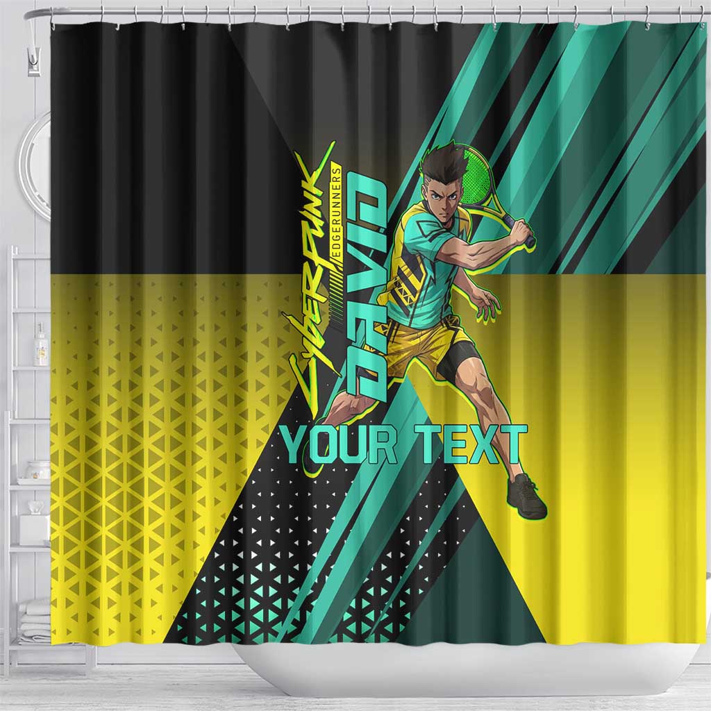 Personalized David Tennis Design Shower Curtain with a Cyberpunk Theme, Edgerunners Features Neon Green and Yellow Styling and a Powerful Pose