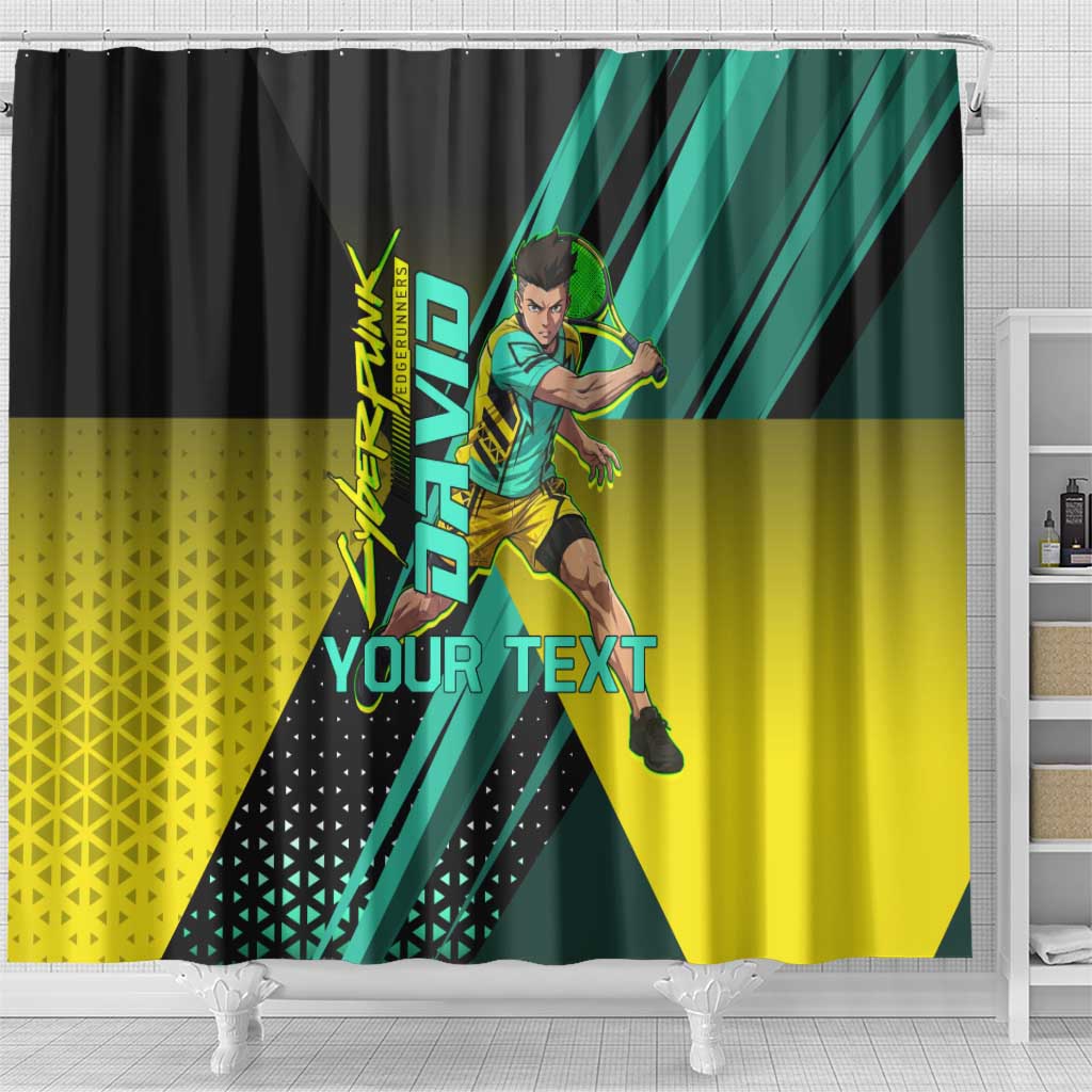 Personalized David Tennis Design Shower Curtain with a Cyberpunk Theme, Edgerunners Features Neon Green and Yellow Styling and a Powerful Pose