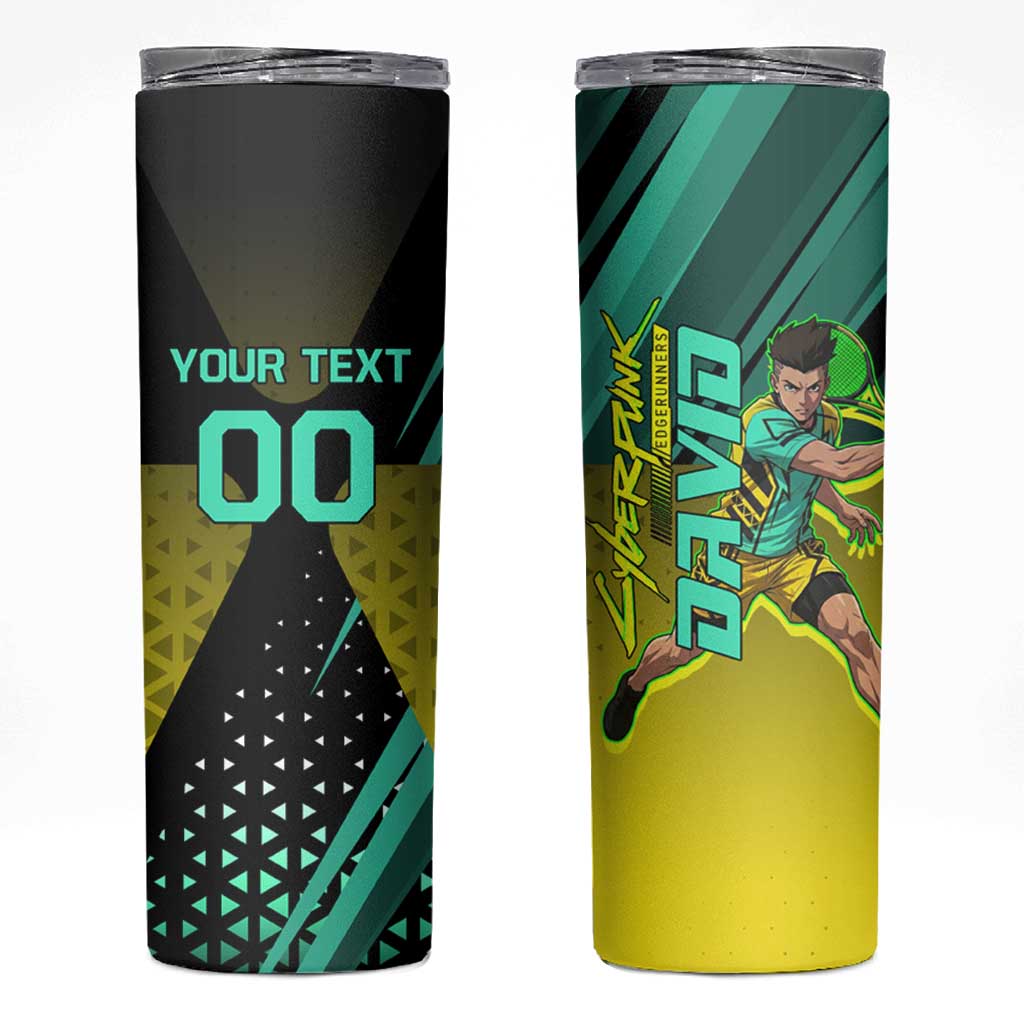 Personalized David Tennis Design Skinny Tumbler with a Cyberpunk Theme, Edgerunners Features Neon Green and Yellow Styling and a Powerful Pose