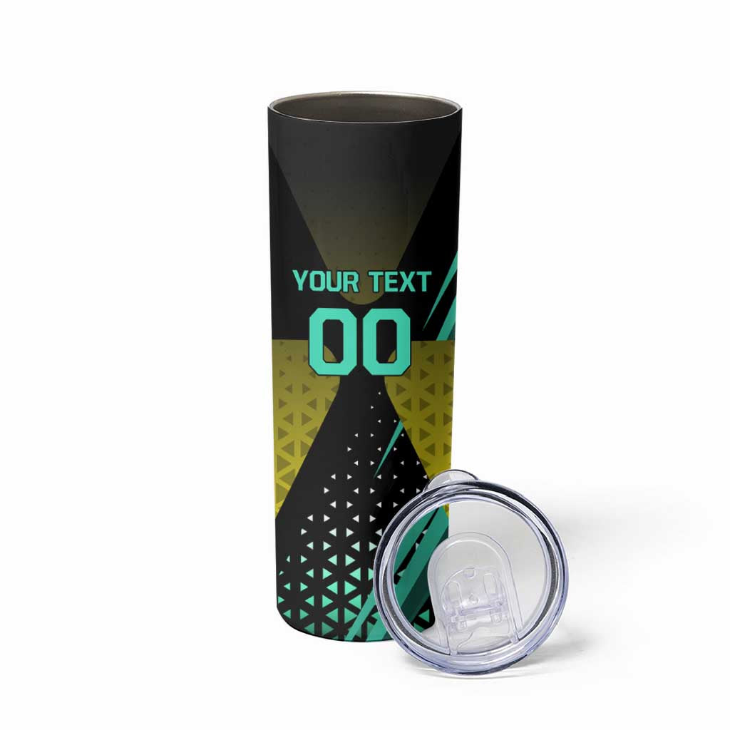 Personalized David Tennis Design Skinny Tumbler with a Cyberpunk Theme, Edgerunners Features Neon Green and Yellow Styling and a Powerful Pose