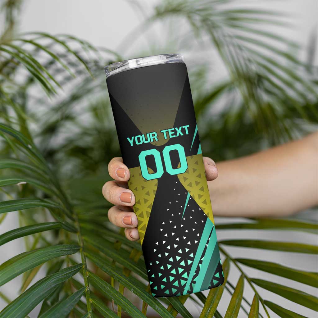 Personalized David Tennis Design Skinny Tumbler with a Cyberpunk Theme, Edgerunners Features Neon Green and Yellow Styling and a Powerful Pose