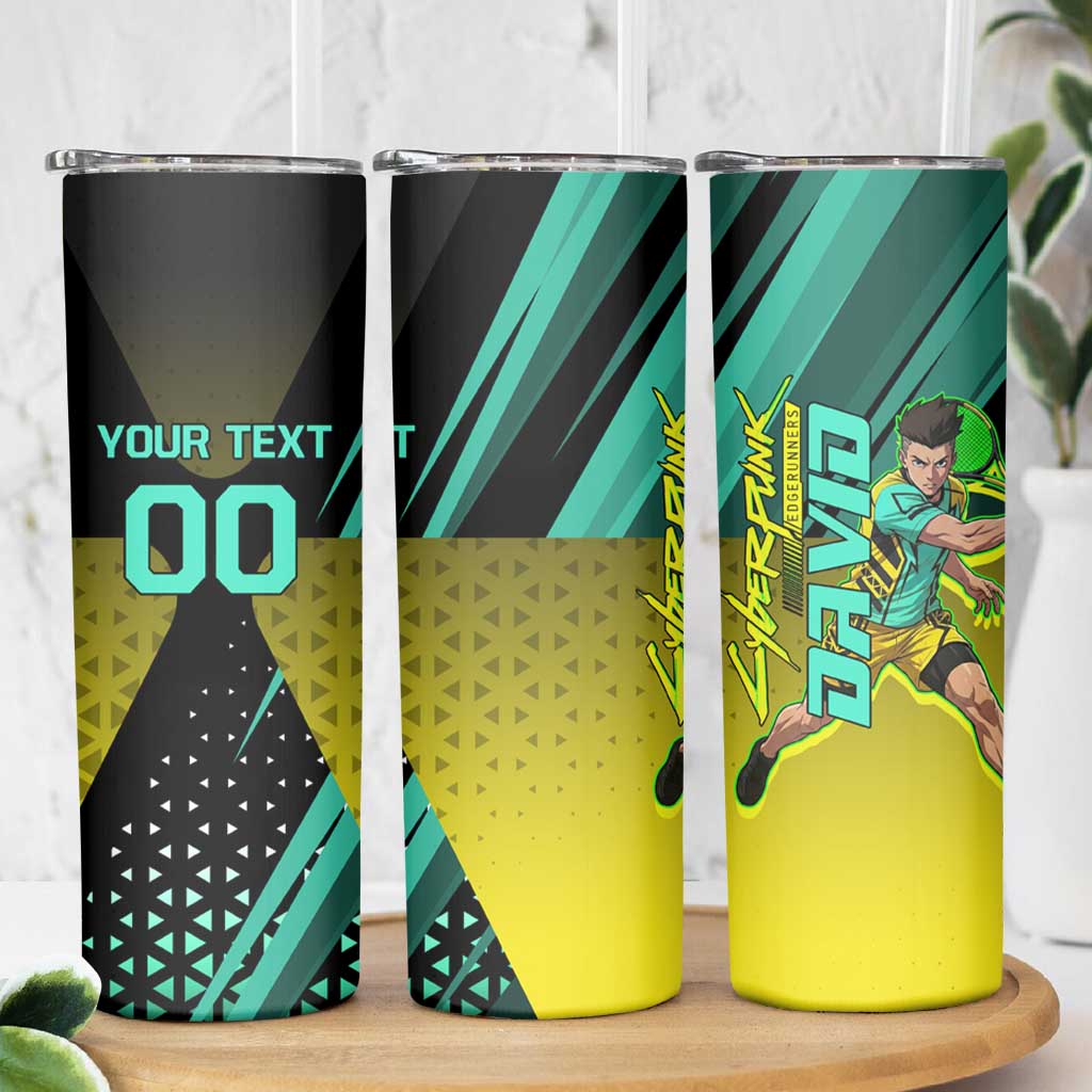 Personalized David Tennis Design Skinny Tumbler with a Cyberpunk Theme, Edgerunners Features Neon Green and Yellow Styling and a Powerful Pose