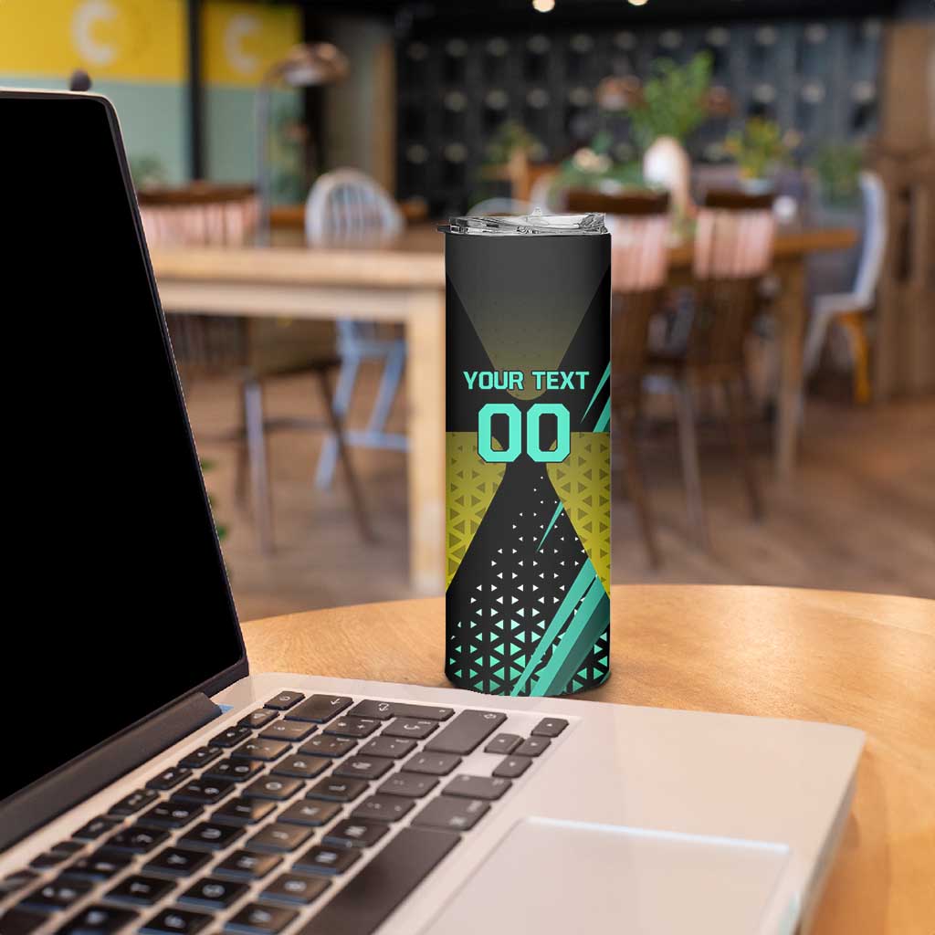 Personalized David Tennis Design Skinny Tumbler with a Cyberpunk Theme, Edgerunners Features Neon Green and Yellow Styling and a Powerful Pose