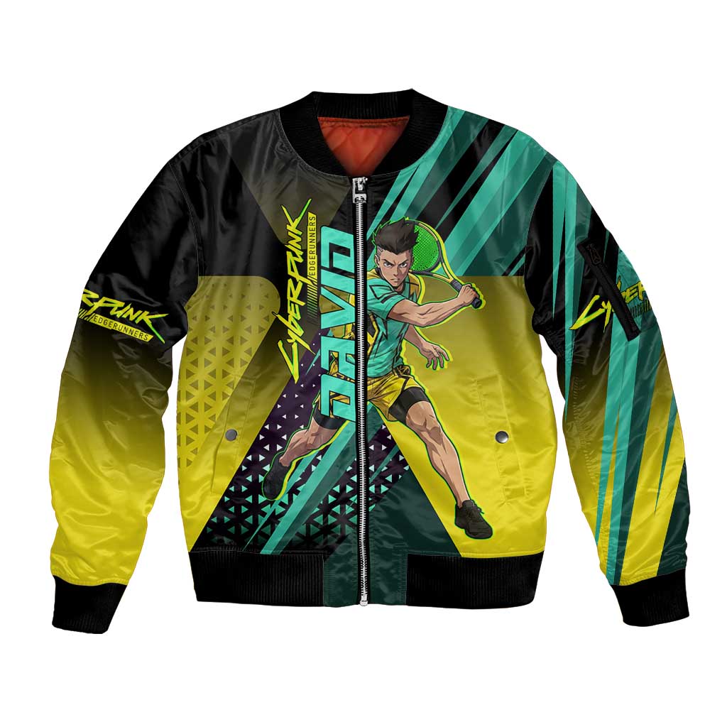 Personalized David Tennis Design Sleeve Zip Bomber Jacket with a Cyberpunk Theme, Edgerunners Features Neon Green and Yellow Styling and a Powerful Pose