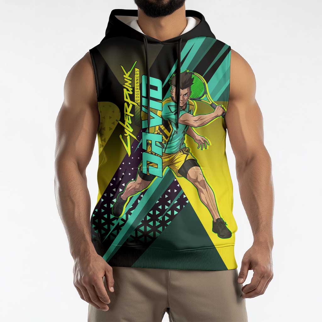 Personalized David Tennis Design Sleeveless Hoodie with a Cyberpunk Theme, Edgerunners Features Neon Green and Yellow Styling and a Powerful Pose