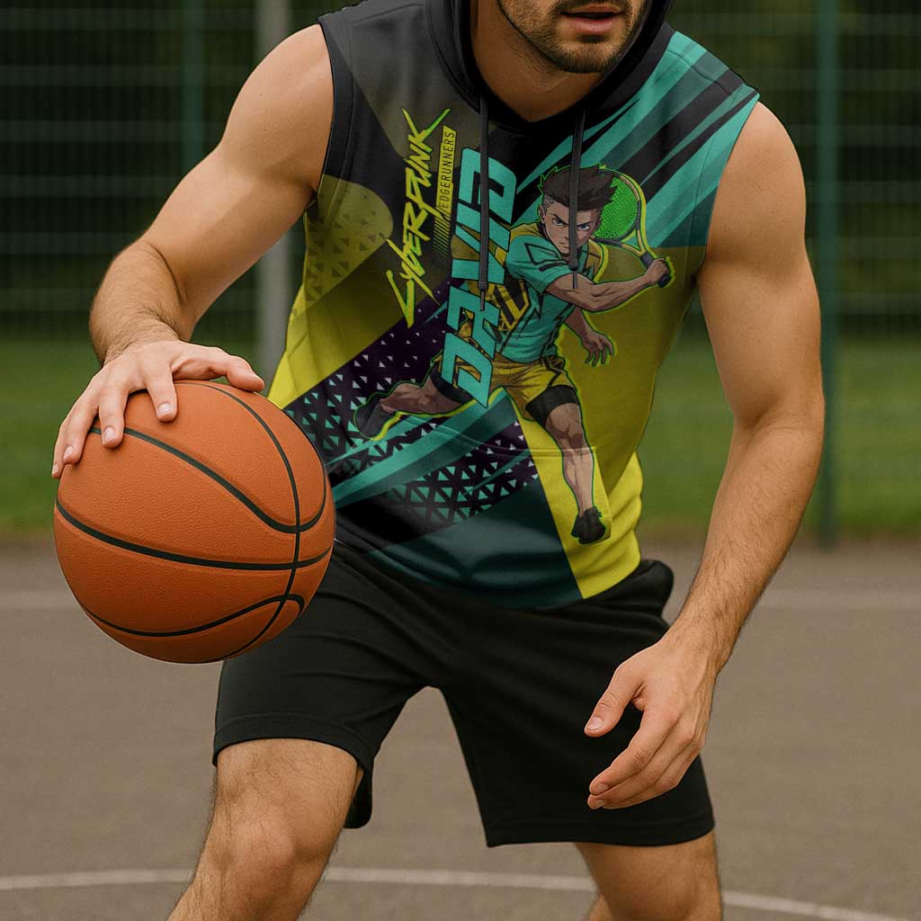 Personalized David Tennis Design Sleeveless Hoodie with a Cyberpunk Theme, Edgerunners Features Neon Green and Yellow Styling and a Powerful Pose
