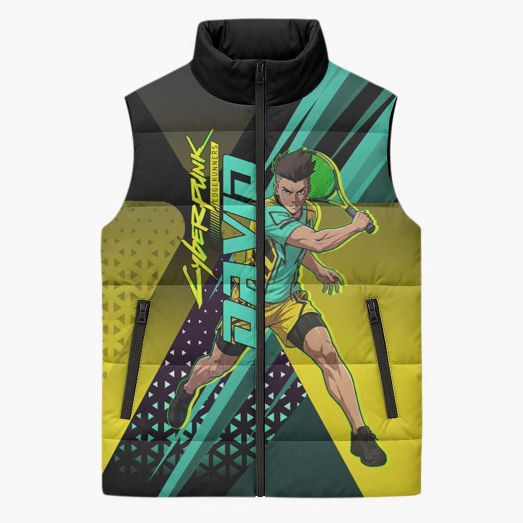 Personalized David Tennis Design Sleeveless Puffer Jacket with a Cyberpunk Theme, Edgerunners Features Neon Green and Yellow Styling and a Powerful Pose