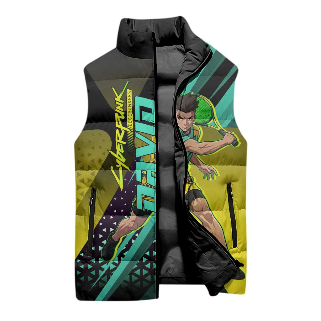 Personalized David Tennis Design Sleeveless Puffer Jacket with a Cyberpunk Theme, Edgerunners Features Neon Green and Yellow Styling and a Powerful Pose