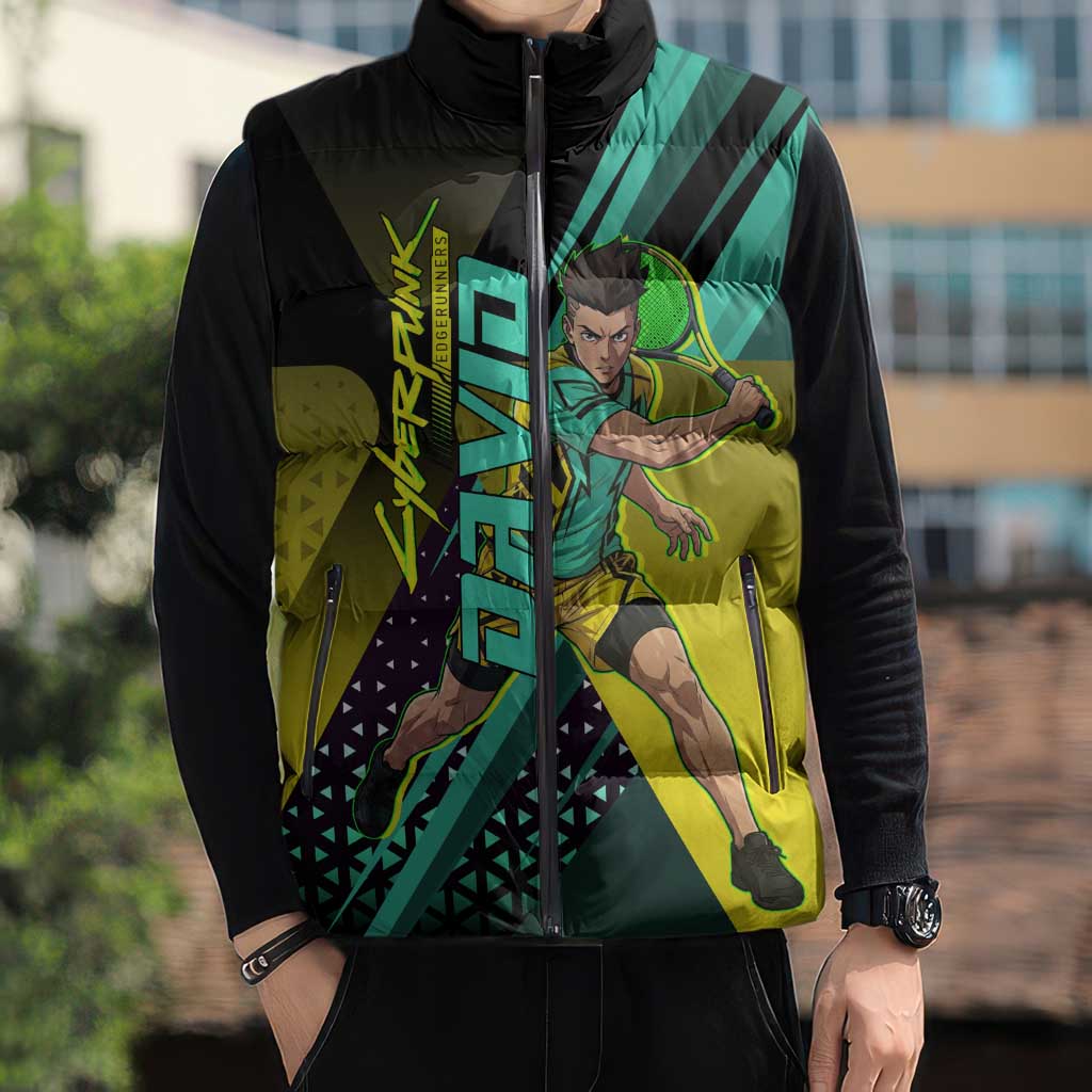 Personalized David Tennis Design Sleeveless Puffer Jacket with a Cyberpunk Theme, Edgerunners Features Neon Green and Yellow Styling and a Powerful Pose