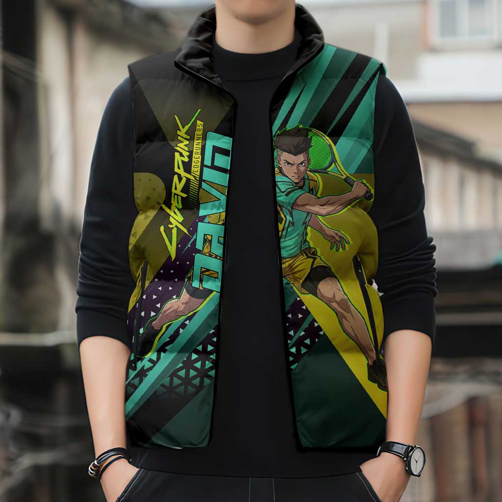 Personalized David Tennis Design Sleeveless Puffer Jacket with a Cyberpunk Theme, Edgerunners Features Neon Green and Yellow Styling and a Powerful Pose