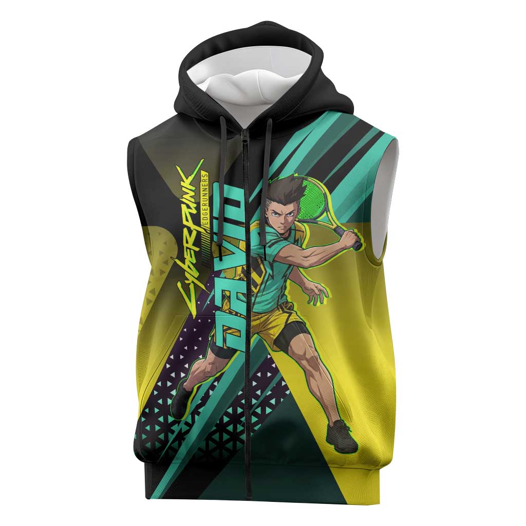 Personalized David Tennis Design Sleeveless Zip Hoodie with a Cyberpunk Theme, Edgerunners Features Neon Green and Yellow Styling and a Powerful Pose