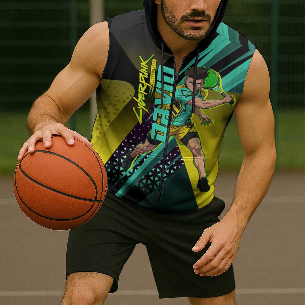 Personalized David Tennis Design Sleeveless Zip Hoodie with a Cyberpunk Theme, Edgerunners Features Neon Green and Yellow Styling and a Powerful Pose