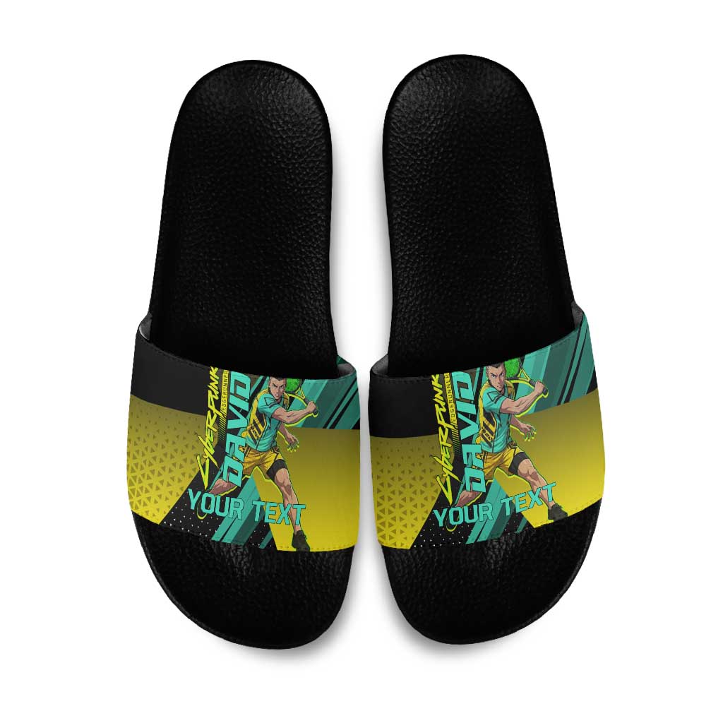 Personalized David Tennis Design Slide Sandals with a Cyberpunk Theme, Edgerunners Features Neon Green and Yellow Styling and a Powerful Pose